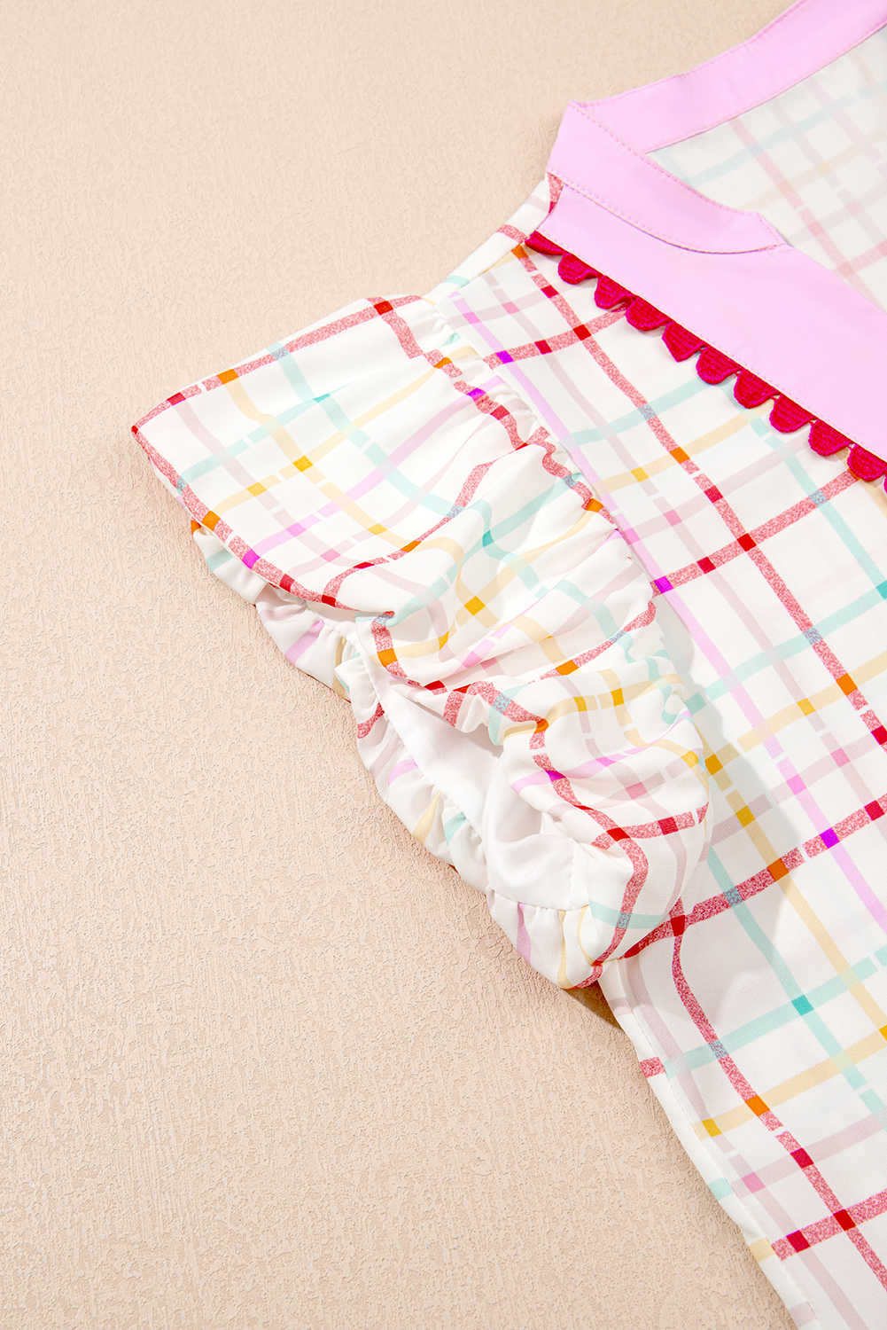 Women's White Plaid Flutter Sleeve Blouse with Colorblock and Ric Rac Detailing - Detail View 9