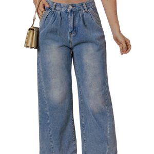 Women's Ashleigh Blue Washed Wide Leg Jeans with Pleated Detail - Main View