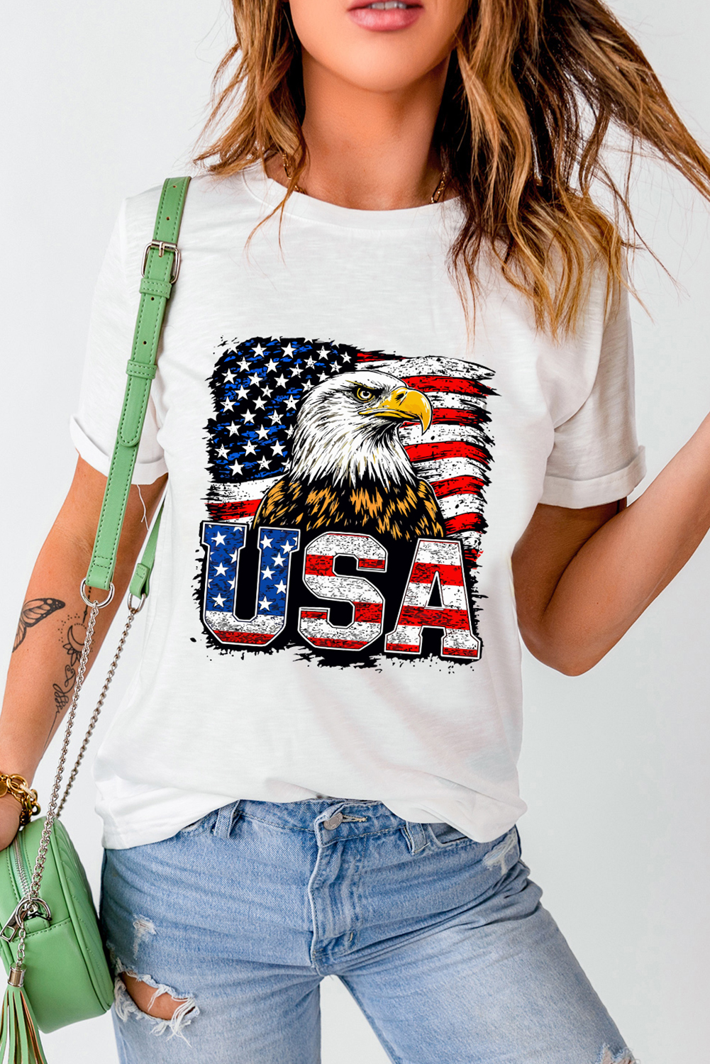 Chic and Comfortable Women's Graphic T-Shirt - Short Sleeve with Eagle Print - Detail View 7