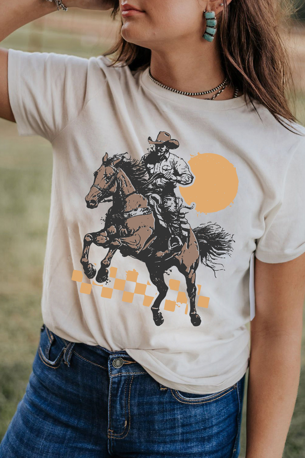 Women's White Sunset Cowboy Print Western Graphic T-Shirt - Detail View 5
