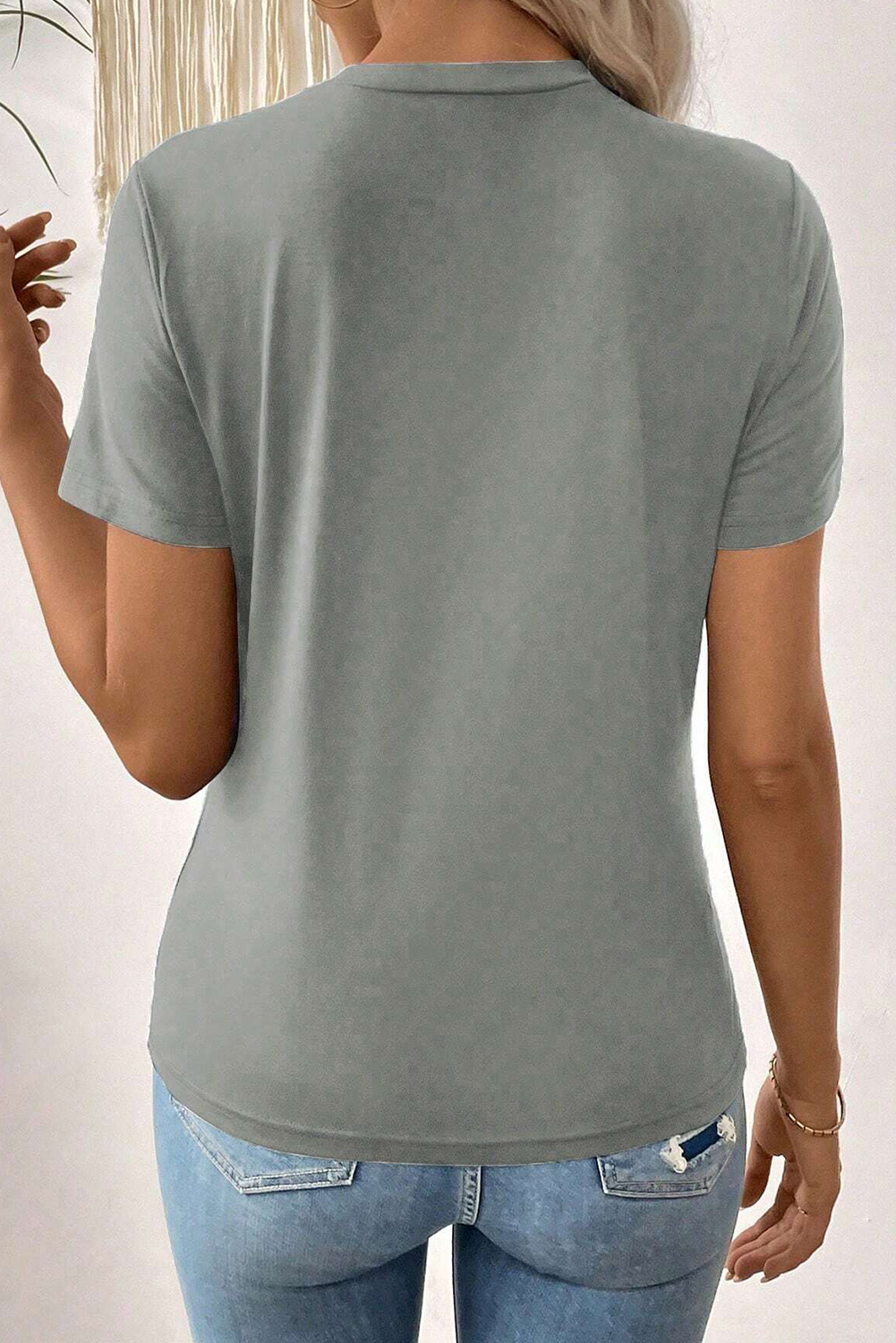 Comfortable Round Neck T-Shirt for Women - Classic Solid Grey Design - Detail View 3