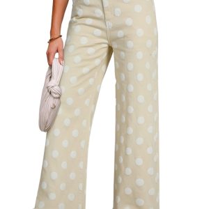Women's Khaki Polka Dot High Waist Shift Jeans – Modern Raw Hem Denim Pants for Everyday Style - Main View
