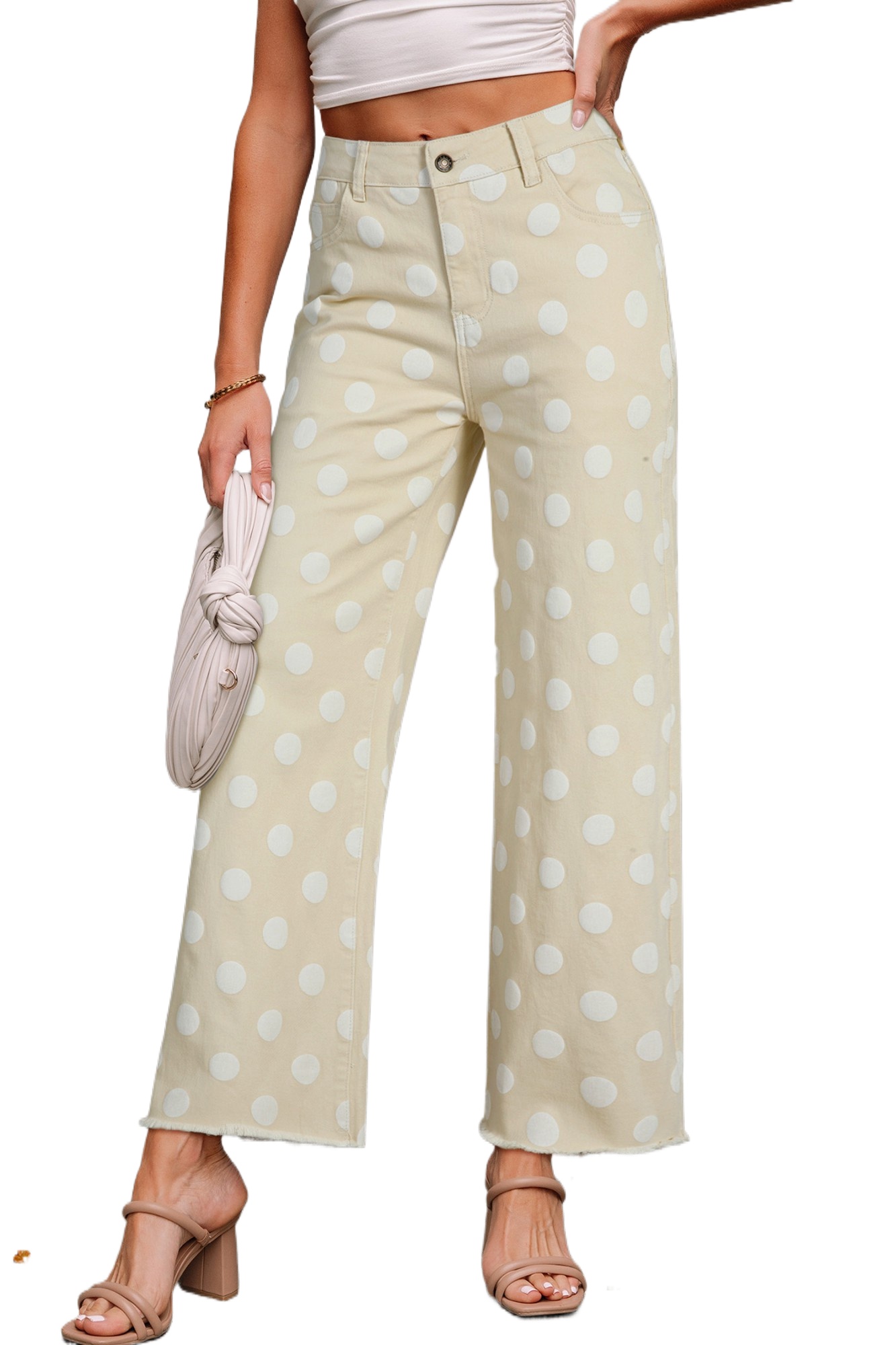 Women's Khaki Polka Dot High Waist Shift Jeans – Modern Raw Hem Denim Pants for Everyday Style - Main View