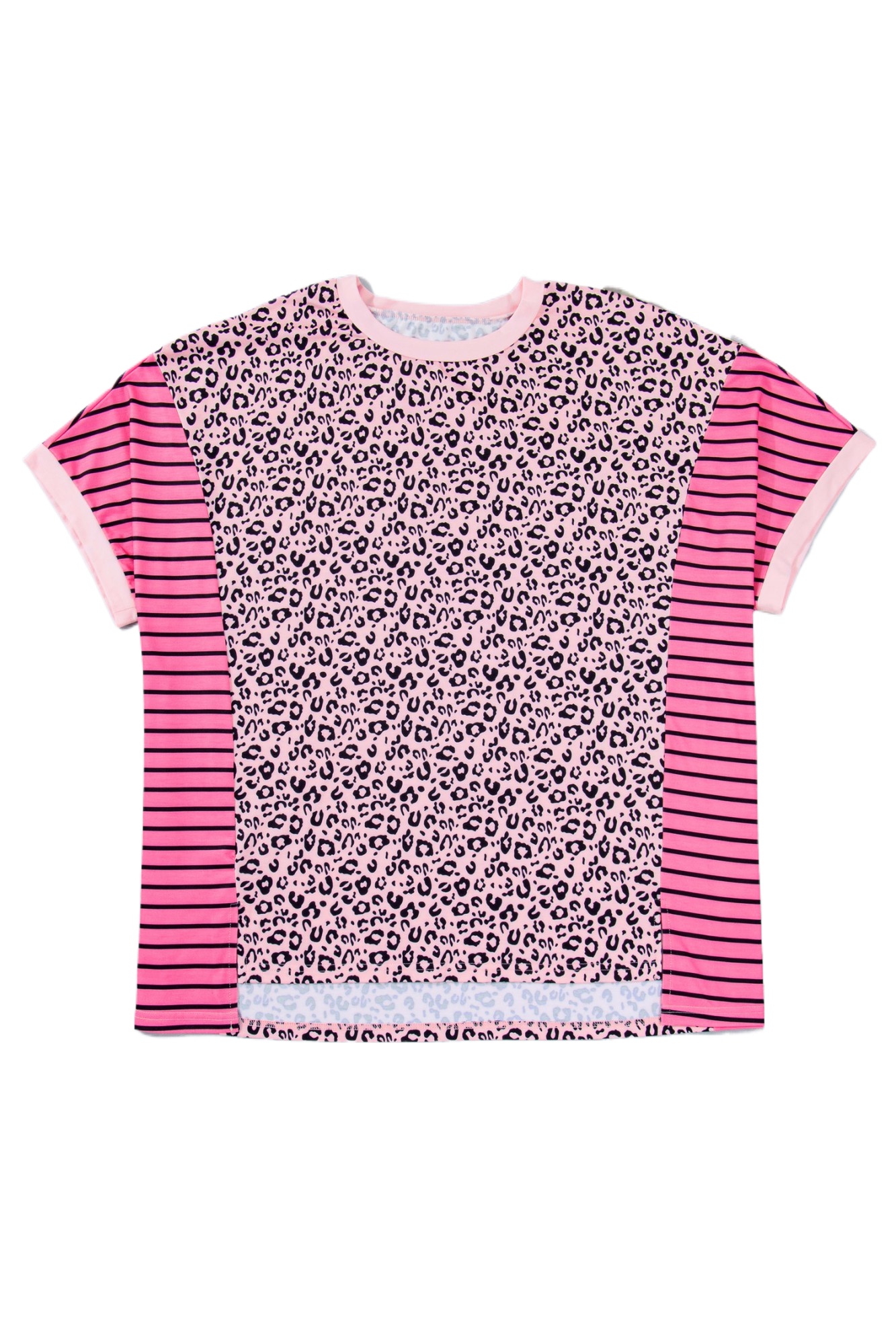 Women's Plus Size Pink Leopard Tee – Short Sleeve Patchwork Colorblock Casual Shirt - Main View