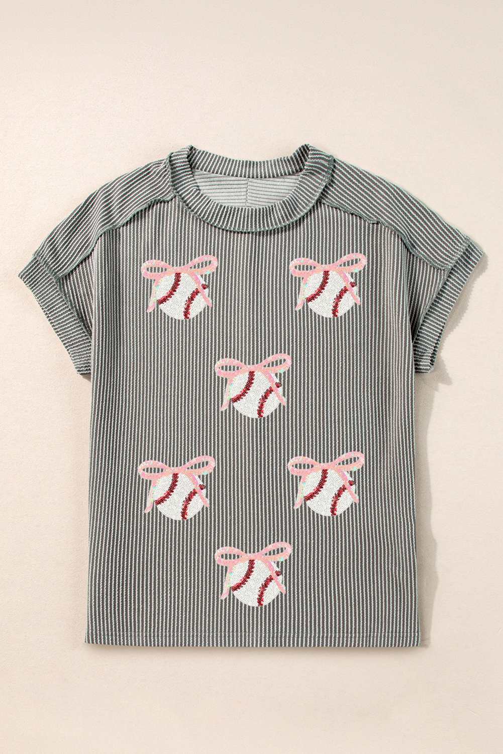Casual Short Sleeve Medium Grey T-Shirt with Bow and Sequins - Perfect for Daily Wear - Detail View 6