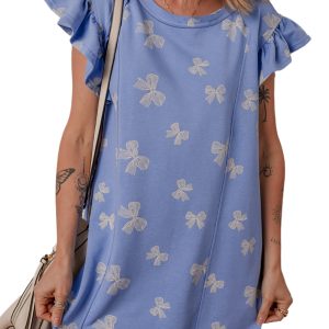 Women's Sky Blue Ruffled Sleeve Shift Mini Dress with Charming Bow Knot Print - Main View