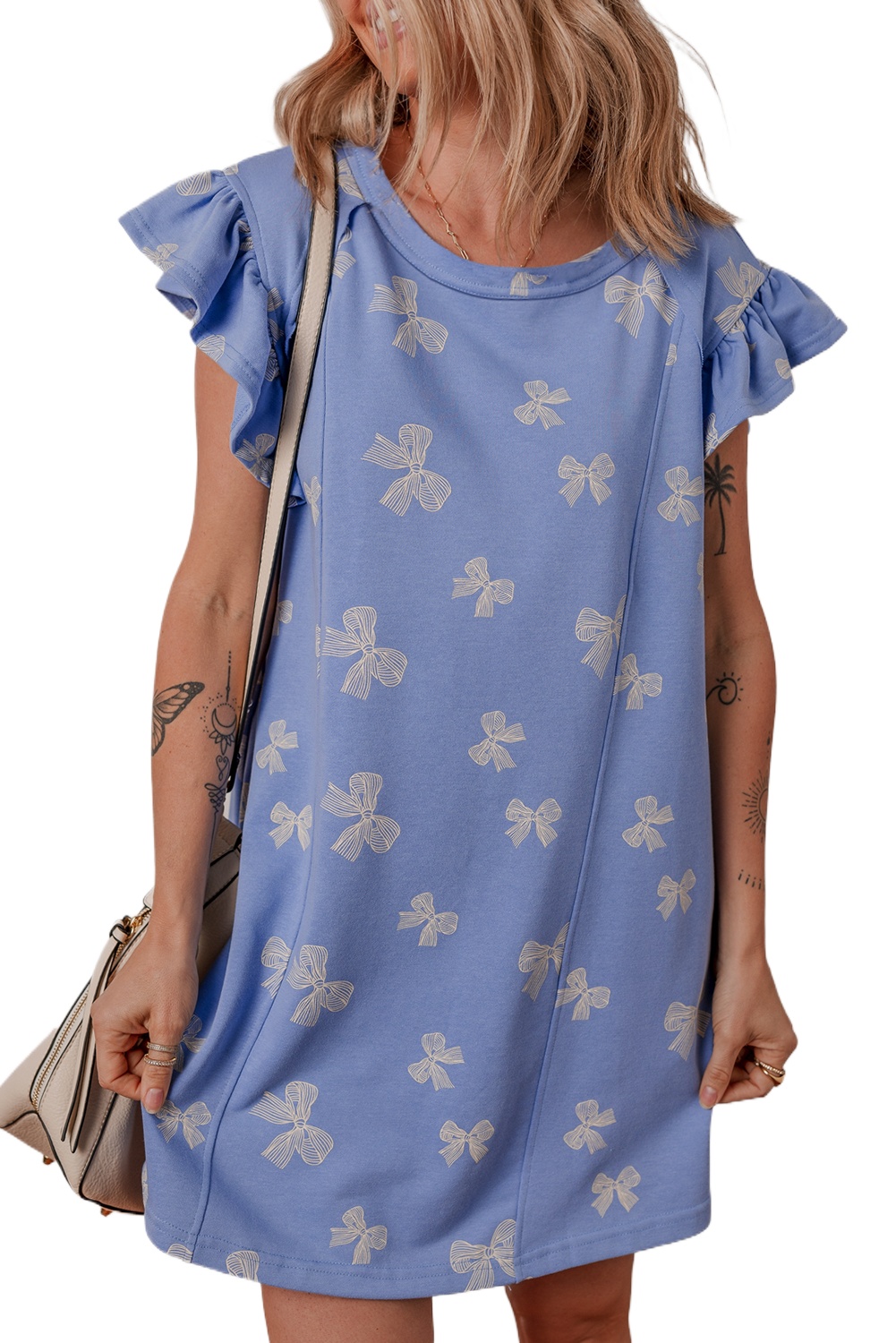 Women's Sky Blue Ruffled Sleeve Shift Mini Dress with Charming Bow Knot Print - Main View