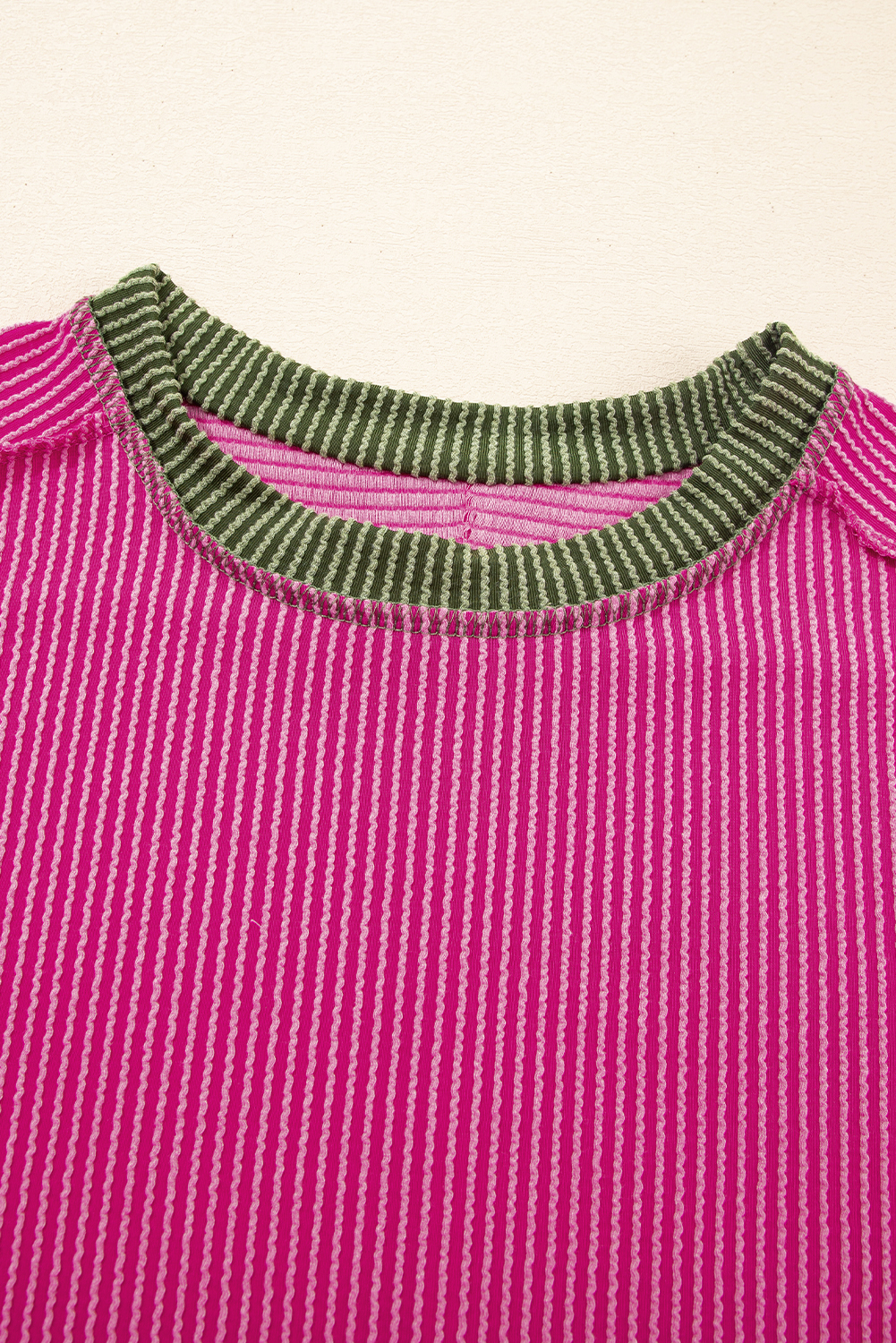 Women's Rose Red Textured Contrast Trim Round Neck T-Shirt for Summer - Detail View 9