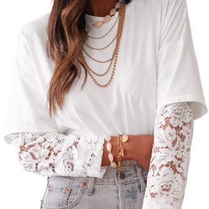 Women's White Lace Long Sleeve Drop Shoulder Tee - Stylish and Comfortable - Main View
