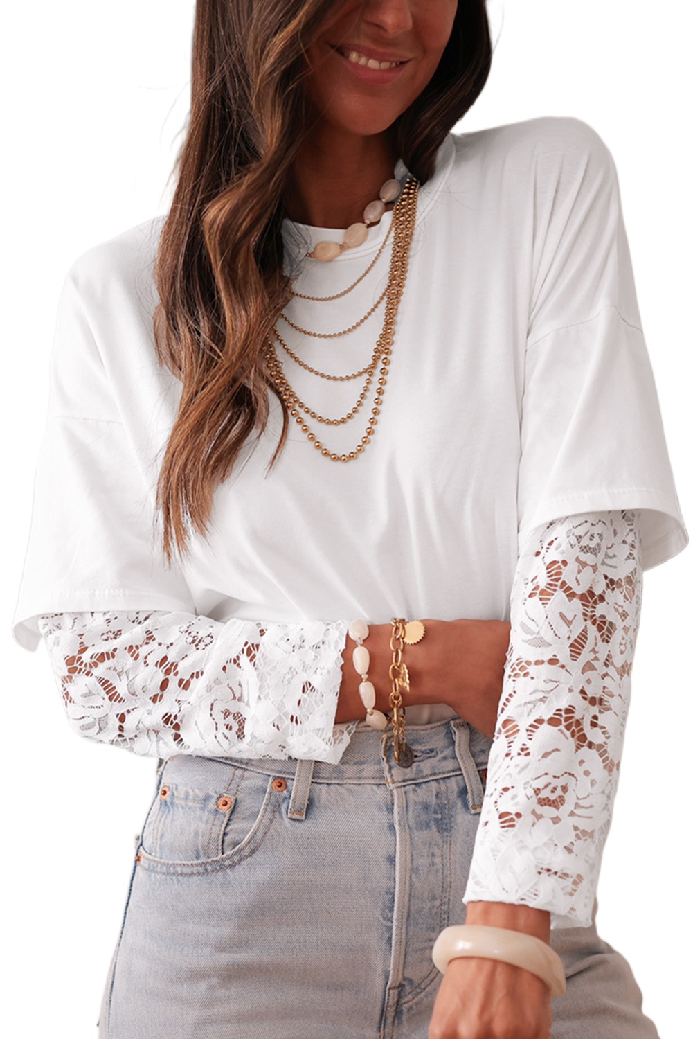 Women's White Lace Long Sleeve Drop Shoulder Tee - Stylish and Comfortable - Main View