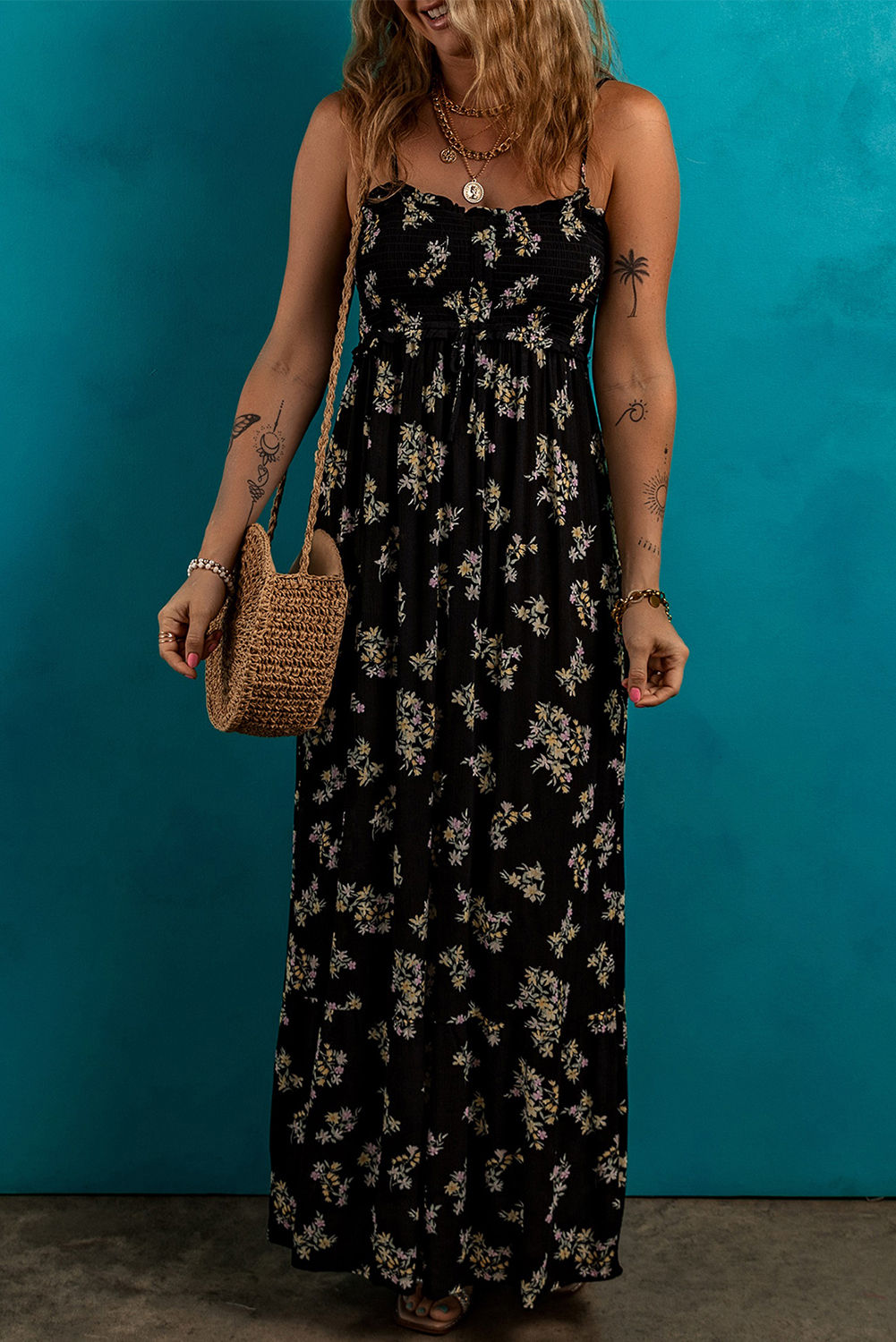 Women's Maxi Dress, Black Floral, Spaghetti Strap, Shirred Bodice, Empire Waist, Bohemian Style, Summer Fashion, Vacation Wear, Adjustable Straps, Comfortable Fit, Long Dress, A-Line Silhouette, Daily Wear, Casual Dress - Detail View 8
