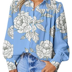 Women's Sky Blue Floral Print Button Up Puff Sleeve Shirt with Pleated Detail - Main View