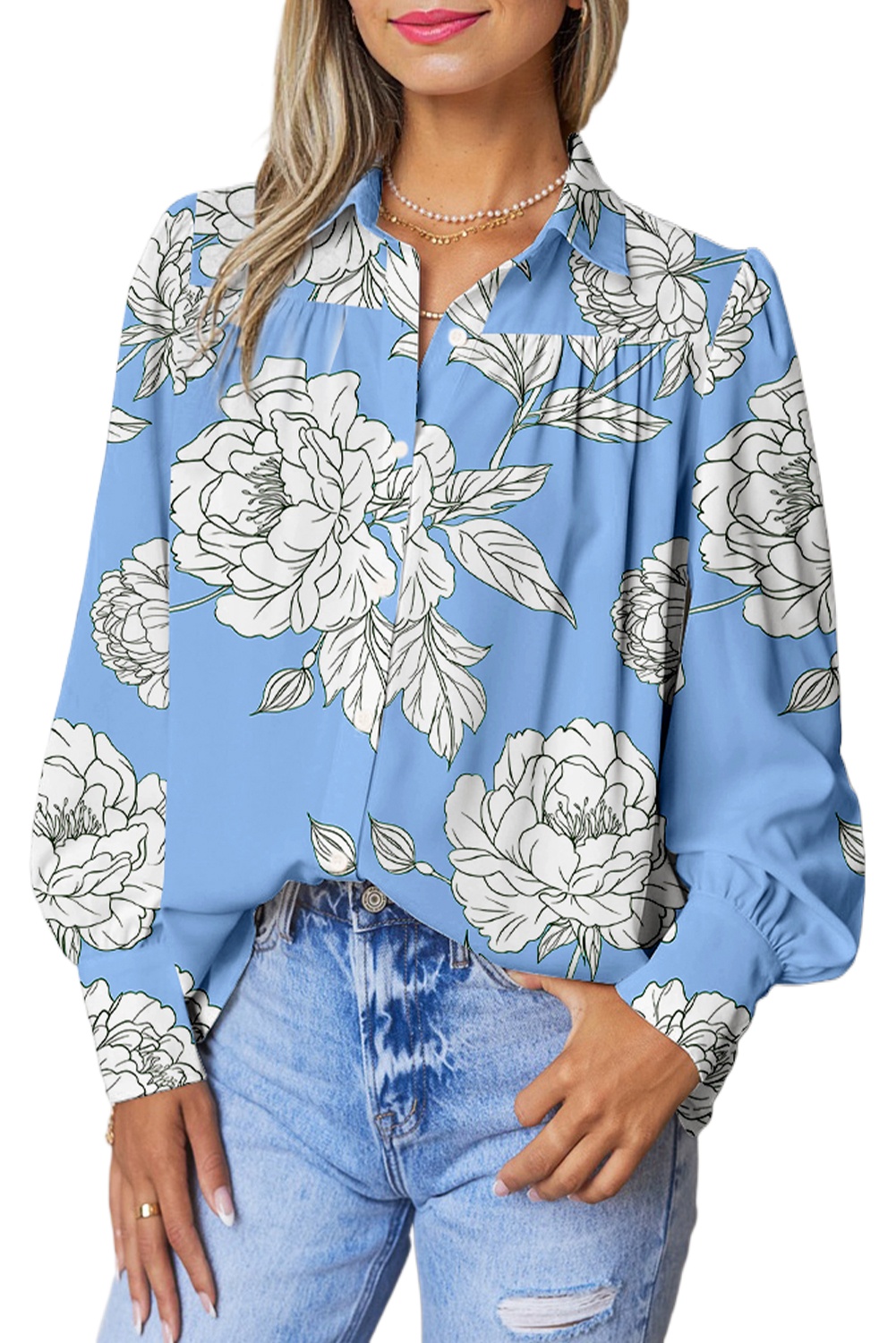 Women's Sky Blue Floral Print Button Up Puff Sleeve Shirt with Pleated Detail - Main View