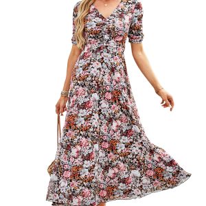 Women's Reversible Brown Mesh Leopard & Floral V Neck Short Sleeve Midi Dress - Main View