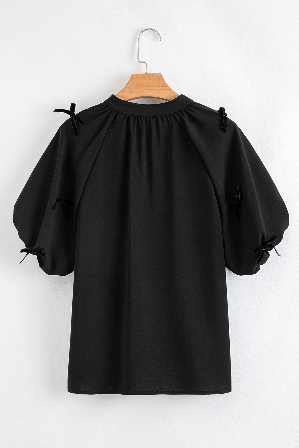 Chic Black Blouse with Puff Sleeves and Bow Detail - Perfect for Night Out - Detail View 6