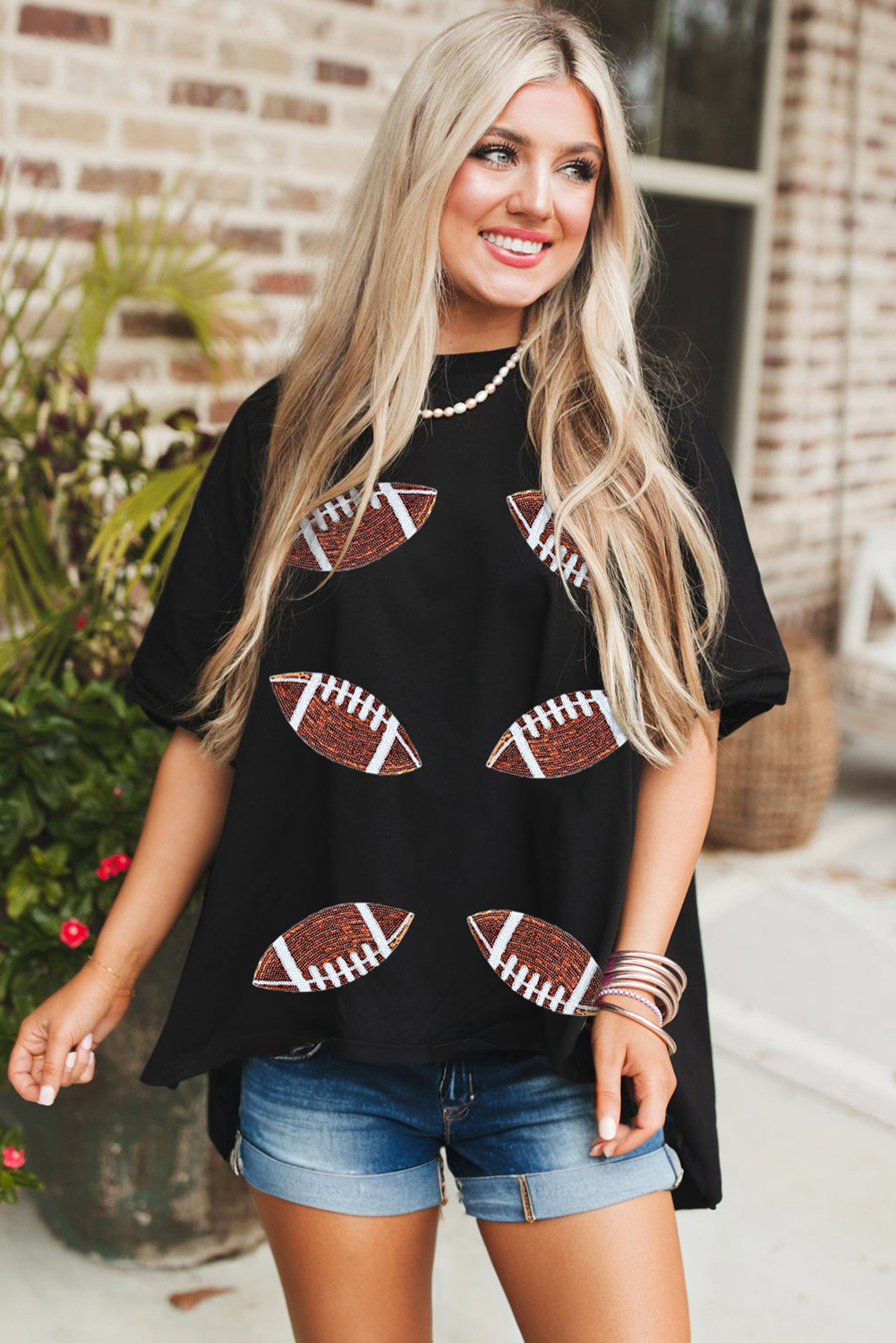 Stylish Loose Fit Crewneck T-Shirt for Game Day - Sequined and Glamorous - Detail View 3