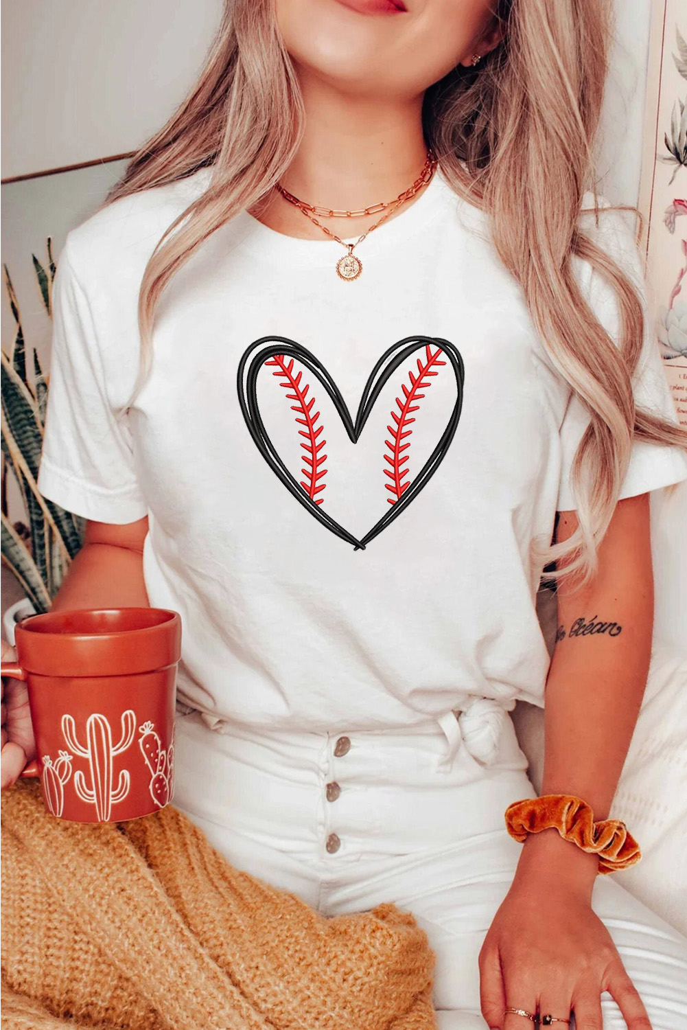 Casual Round Neck T-Shirt for Women - Heart-Shaped Baseball Design - Detail View 2