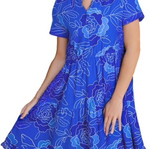 Women's Blue Floral Ruffled Hem V Neck Short Sleeve Mini Dress - Flirty A-Line Style - Main View