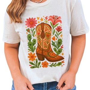 Women's White Western Floral Boots Printed Casual Cotton Blend T-Shirt - Main View