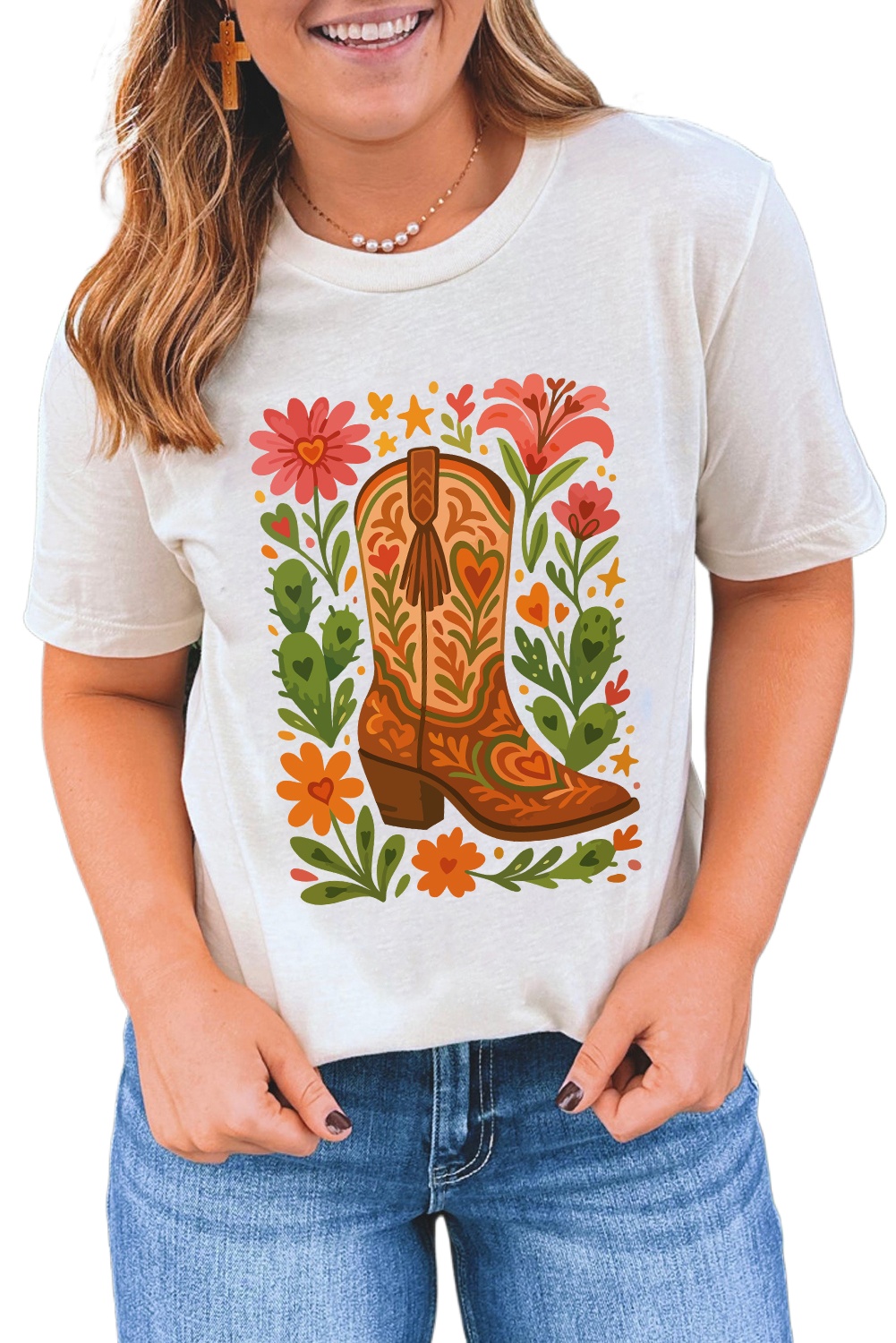 Women's White Western Floral Boots Printed Casual Cotton Blend T-Shirt - Main View