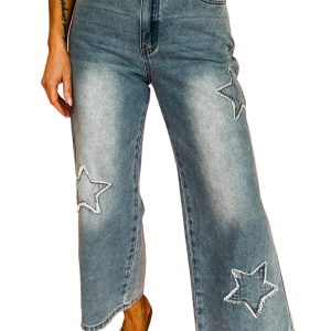 Women's Stone Blue High Waist Wide Leg Jeans with Star Patchwork Details - Main View
