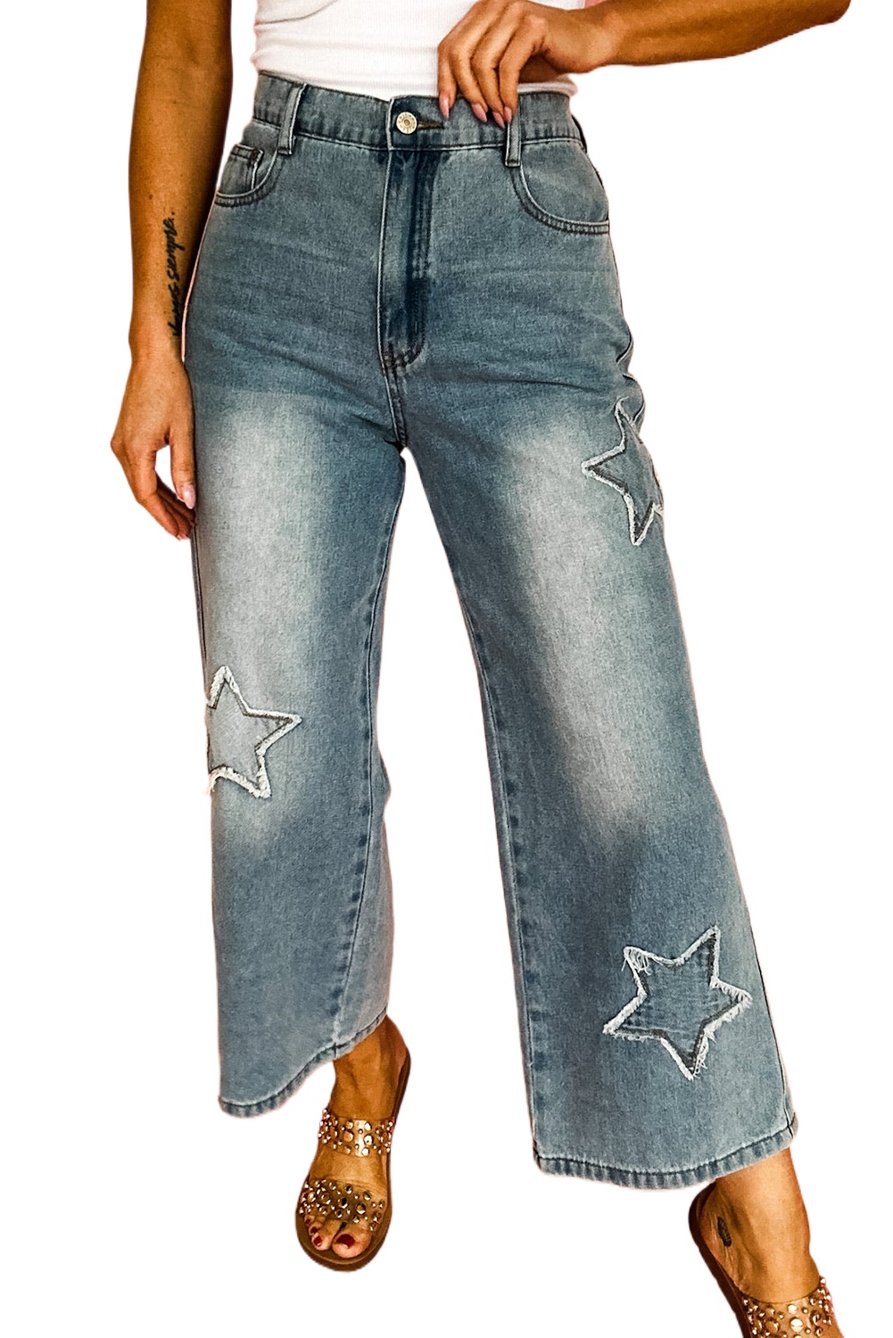 Women's Stone Blue High Waist Wide Leg Jeans with Star Patchwork Details - Main View