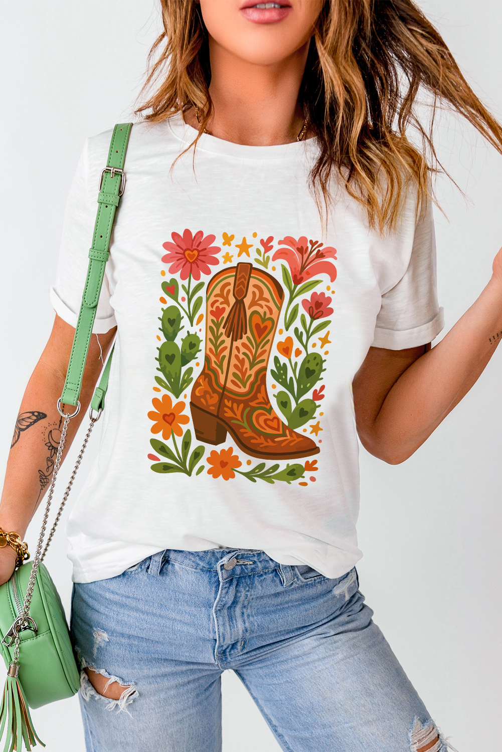 Stylish Western Graphic Tee: White Cotton Blend with Boot and Flower Print - Detail View 6