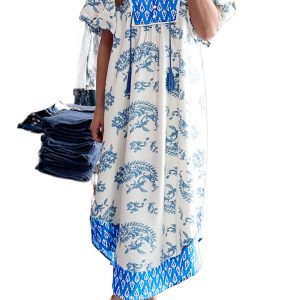 Women's Boho Midi Dress – Sky Blue Floral Patchwork V-Neck Shift Dress for Summer - Main View