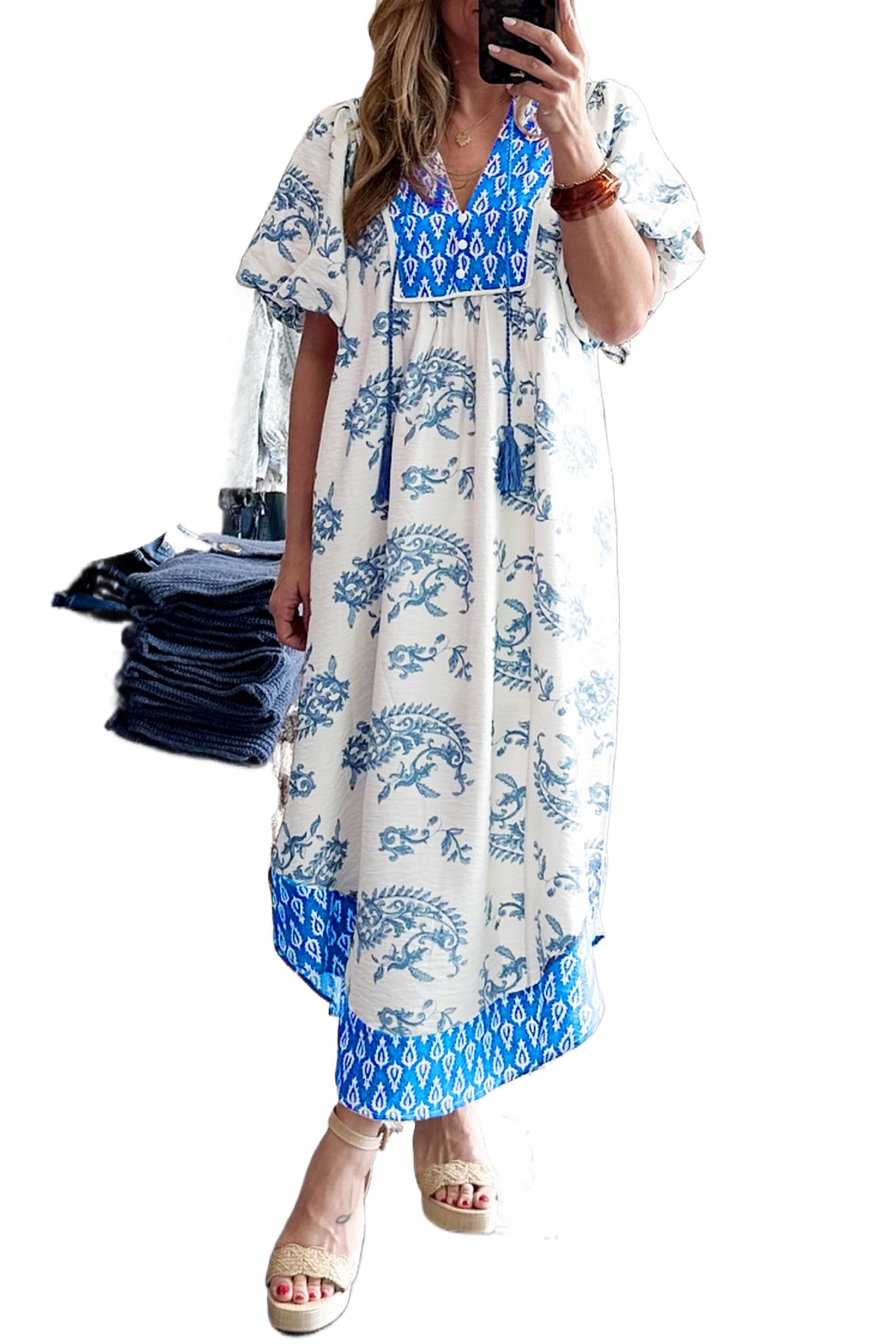 Women's Boho Midi Dress – Sky Blue Floral Patchwork V-Neck Shift Dress for Summer - Main View