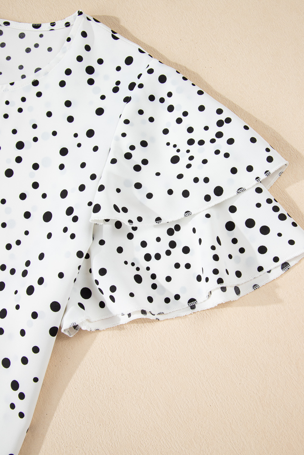 Women's White Dalmatian Print Layered Ruffled Short Sleeve Blouse - Detail View 13