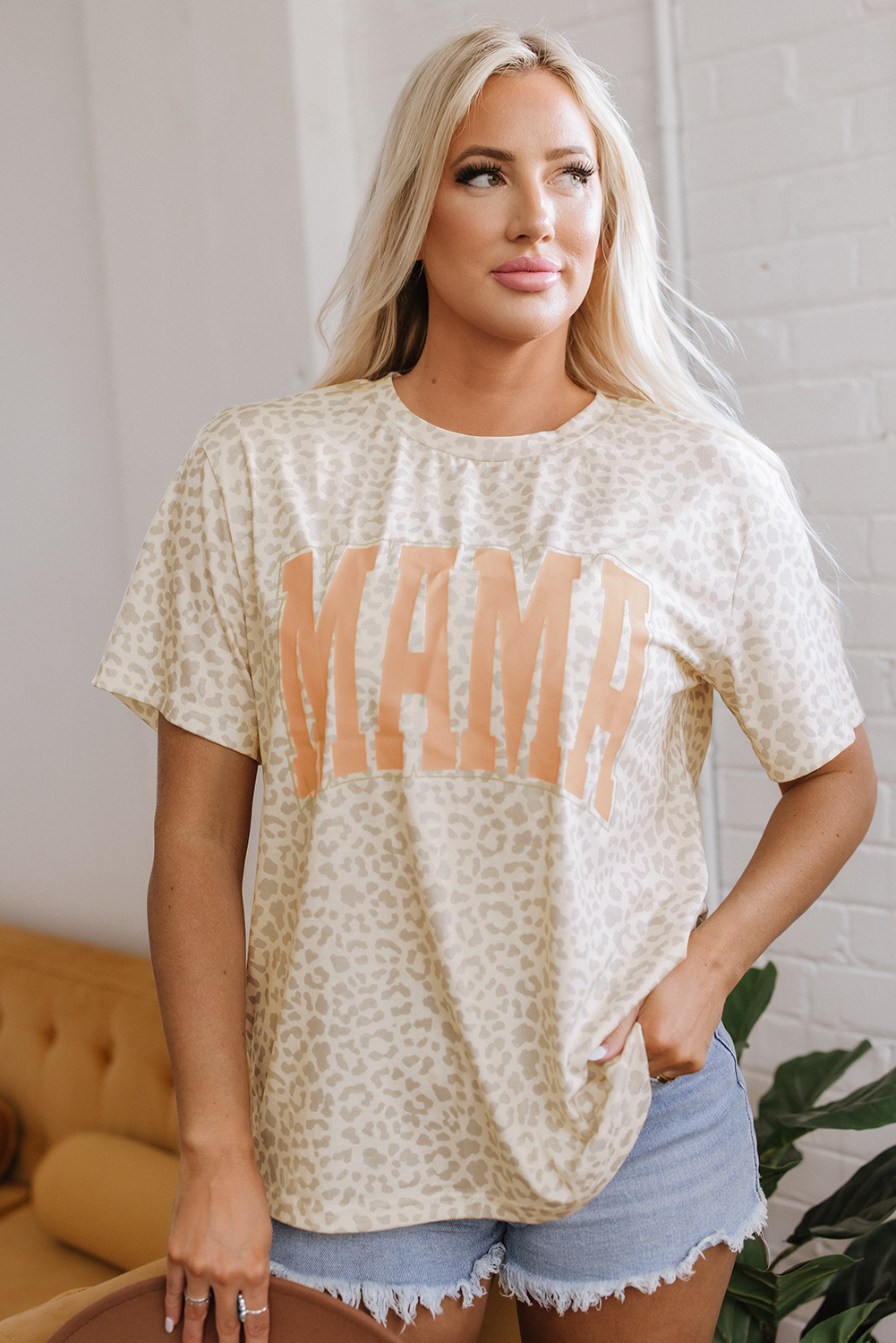 Women's Tee, Yellow T-Shirt, MAMA Letter Graphic, Leopard Print, Loose Fit, Casual Style, Short Sleeve, Round Neck, Summer Wear, Everyday Fashion, Comfortable, Relaxed Fit, Beachwear, Outdoor, Daily Use, Tops & Tees - Detail View 8