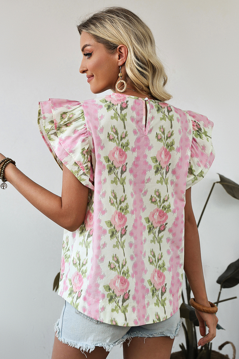 Breathable 100% Cotton Casual Floral Top with Ruffle Sleeves - Perfect for Summer - Detail View 2