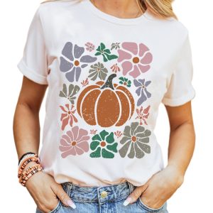 Women's White Flower Pumpkin Distressed Graphic T-Shirt for Thanksgiving - Main View