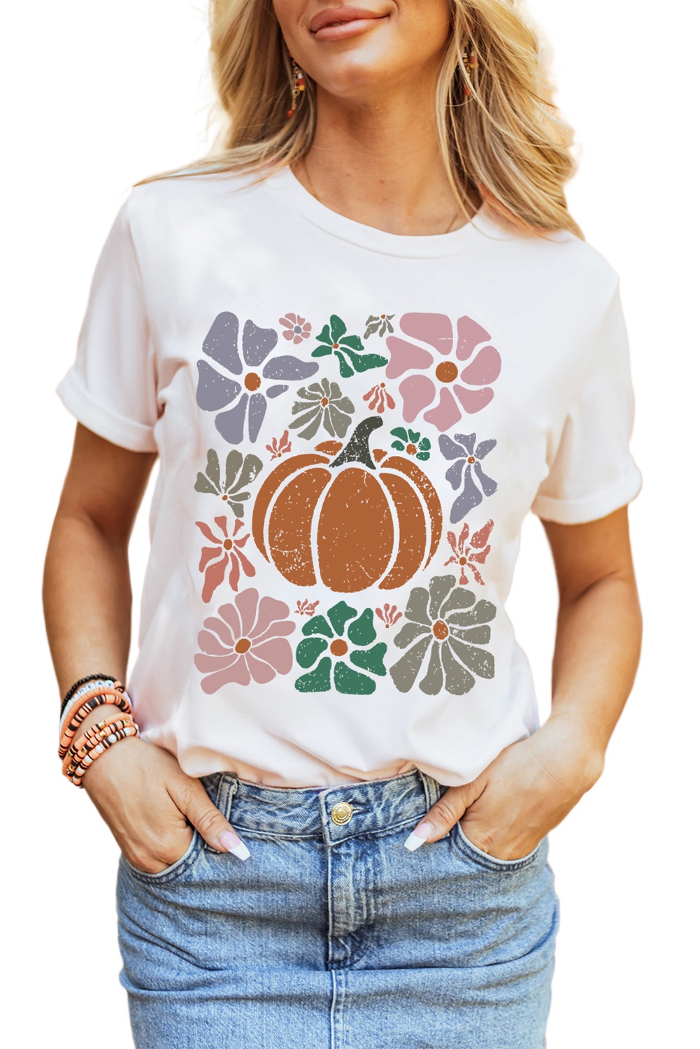 Women's White Flower Pumpkin Distressed Graphic T-Shirt for Thanksgiving - Main View