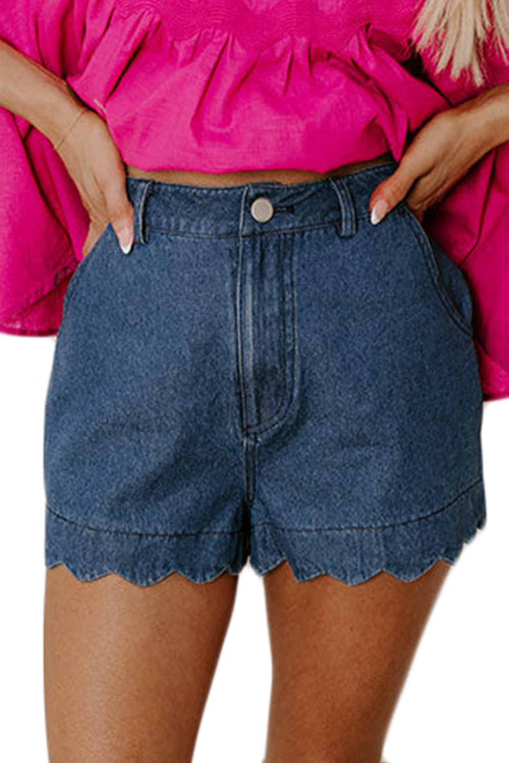 Trendy Acid Wash Denim Shorts with Unique Scalloped Hem for a Flattering Fit - Detail View 6