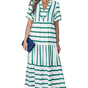 Green Stripe Women's Maxi Dress – Notched V-Neck, Half Sleeve Viscose A-Line Summer Vacation Dress - Main View