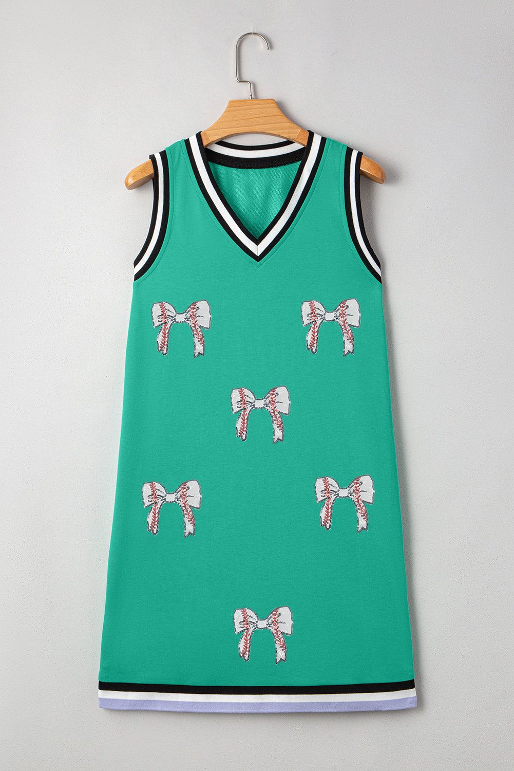 Women's Mint Green Contrast Striped Glitter Baseball Patched V Neck Tank Dress - Detail View 5