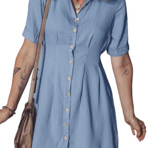 Women's Myosotis Denim Pleated Slim Waist Short Sleeve Shirt Dress - Casual Chambray Style - Main View