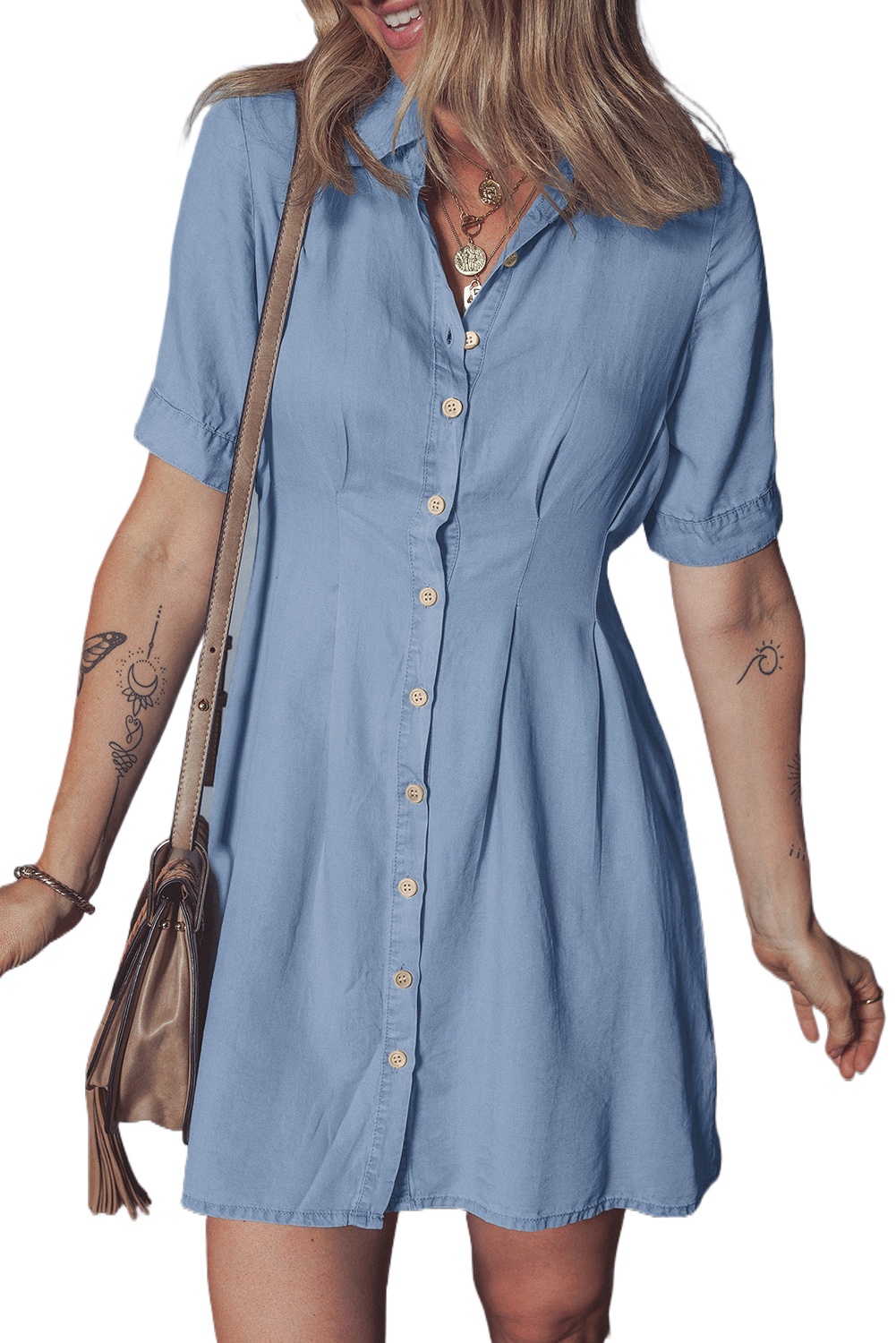 Women's Myosotis Denim Pleated Slim Waist Short Sleeve Shirt Dress - Casual Chambray Style - Main View
