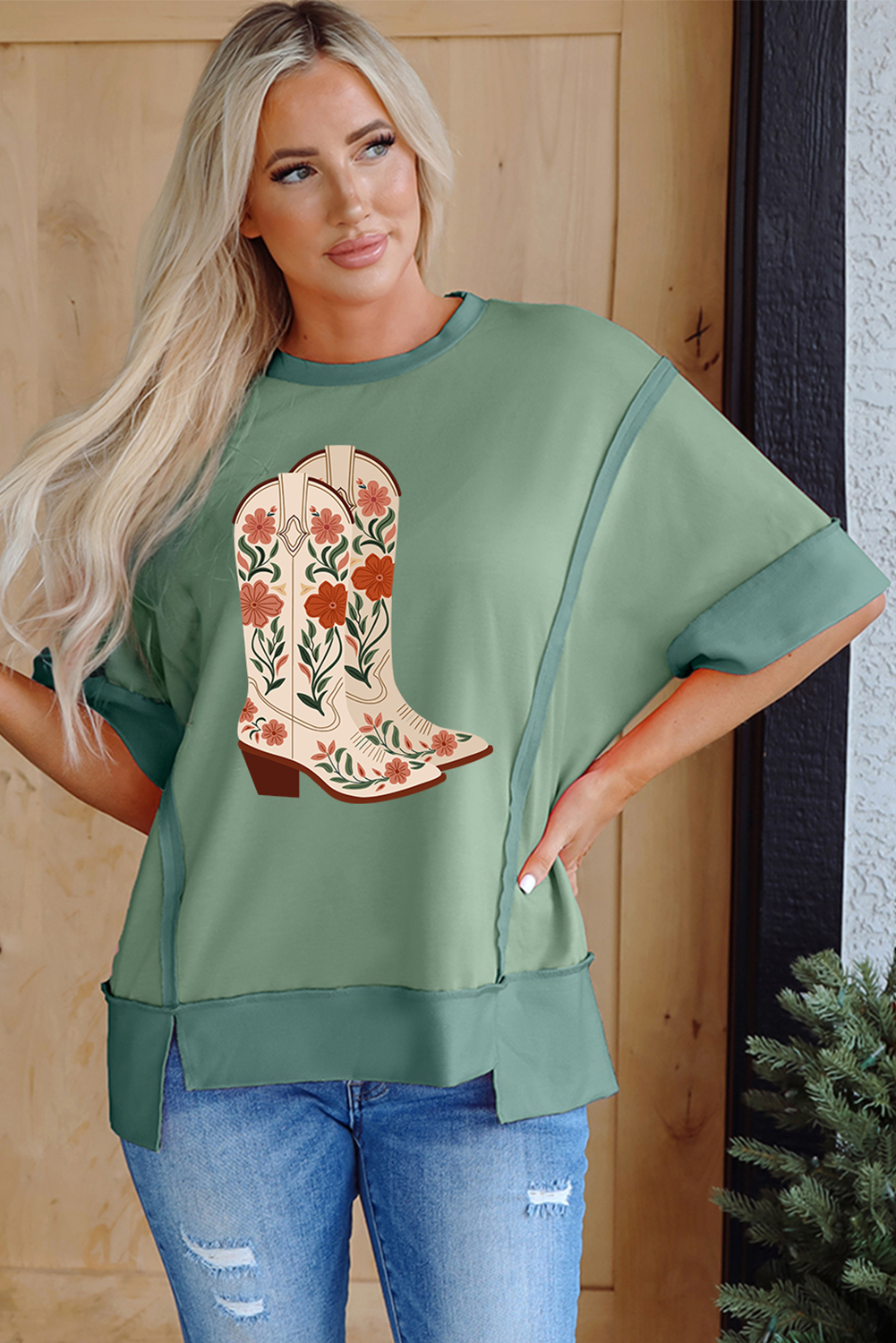 Women's Graphic Tee, Smoke Green, Floral Boots Print, Patchwork Design, Raw Seam, Casual Style, Summer Fashion, Daily Wear, Comfortable Fit, Short Sleeve, Round Neck, Western Print, Trendy Top - Detail View 8