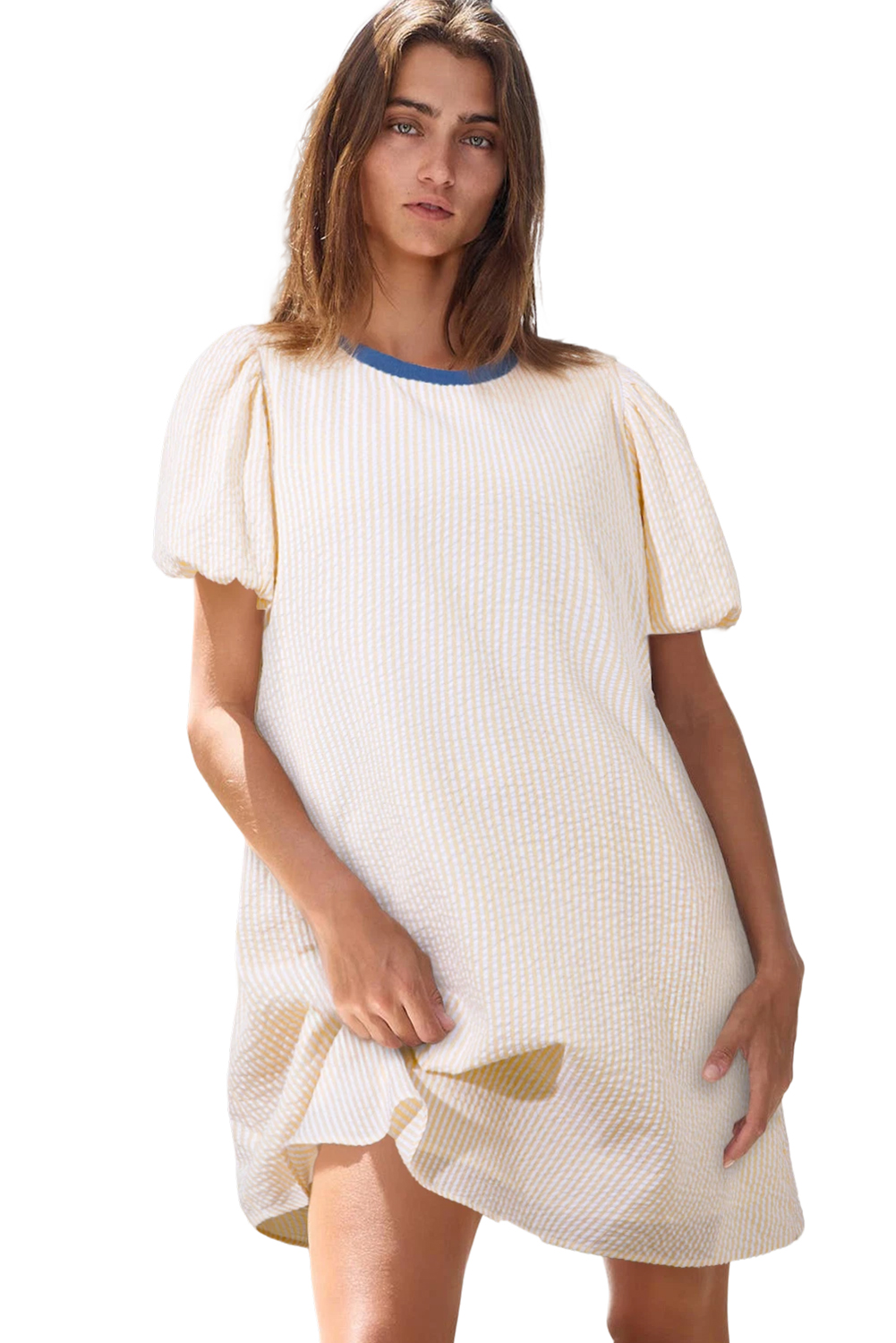 Women's Dress, T-Shirt Dress, Beige Stripe, Seersucker Fabric, Puff Sleeves, Round Neck, Casual Style, Mini Length, Daily Wear, Flattering Silhouette, Lightweight, Breathable, Quality Cotton Blend, Shift Dress - Detail View 12
