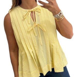 Women's Yellow Cream Bow Tie Notched Neck Pleated Tank Top - Stylish Summer Essential - Main View