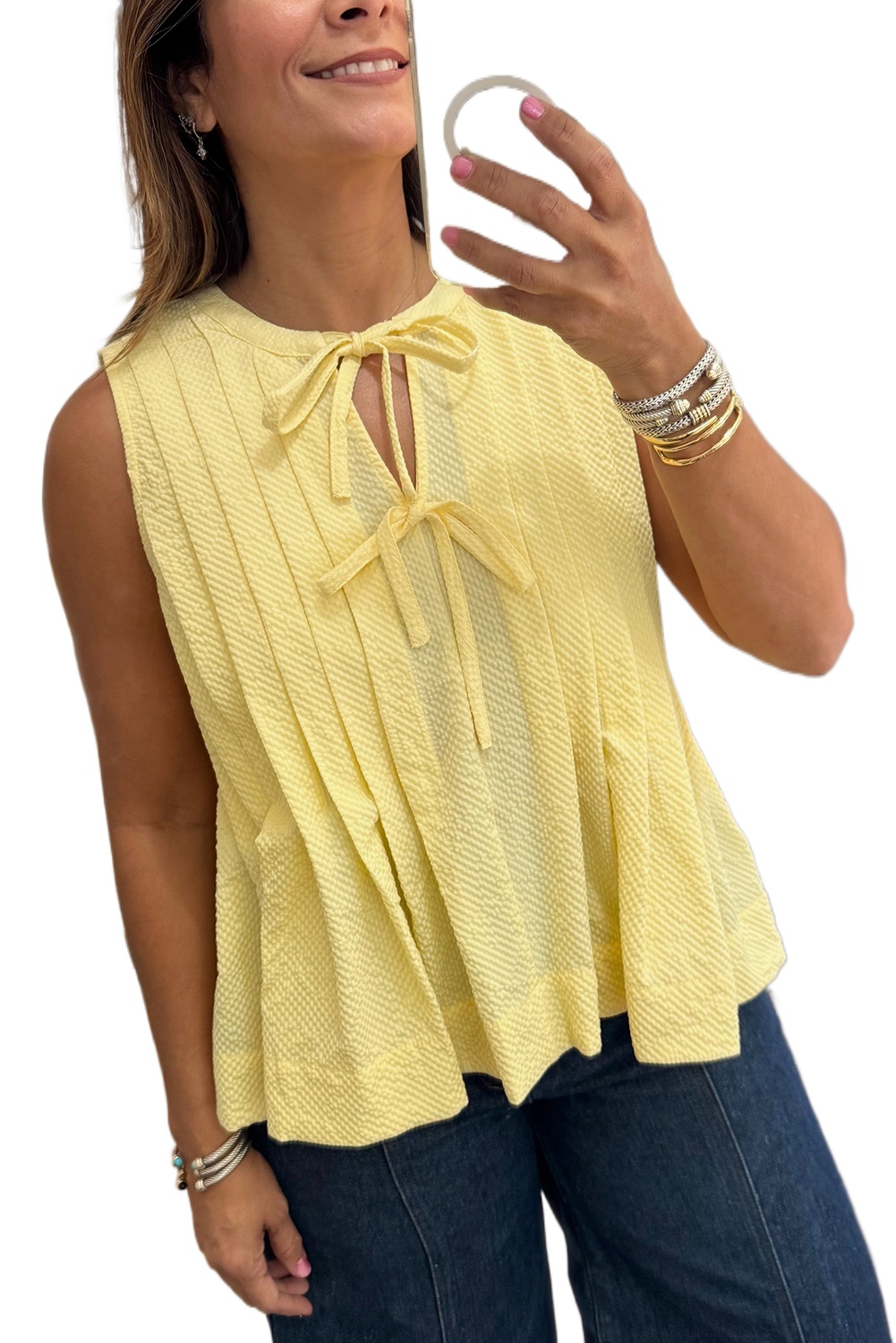 Women's Yellow Cream Bow Tie Notched Neck Pleated Tank Top - Stylish Summer Essential - Main View