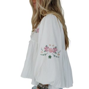 Women's White Floral Lace-Up V Neck Babydoll Blouse with Balloon Sleeves - Main View