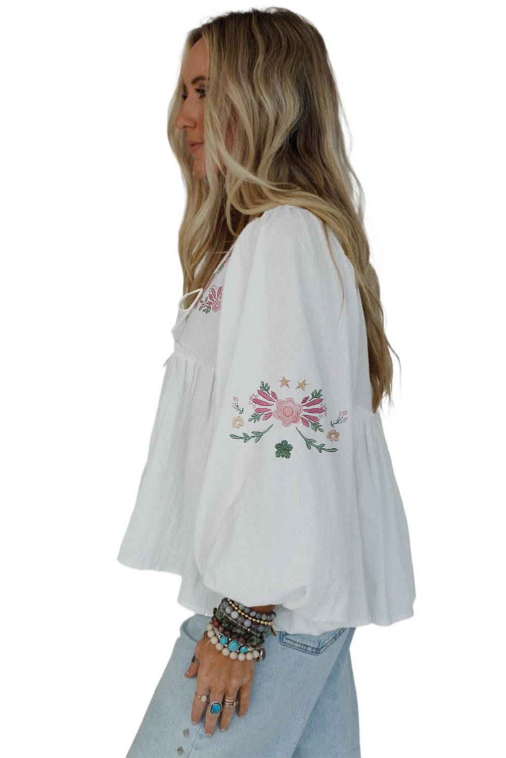 Women's White Floral Lace-Up V Neck Babydoll Blouse with Balloon Sleeves - Main View