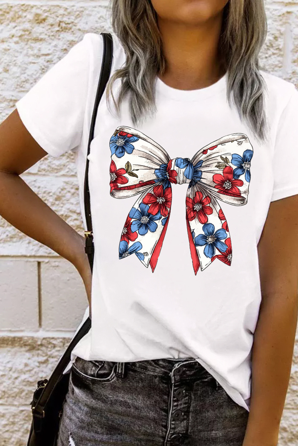 Patriotic Floral Bow Print Tee - Comfortable Short Sleeve Crew Neck for Celebrating July 4th - Detail View 6