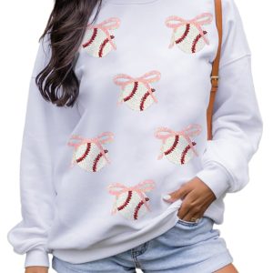 Women's White Sequin Bow Graphic Sweatshirt with Relaxed Fit - Main View