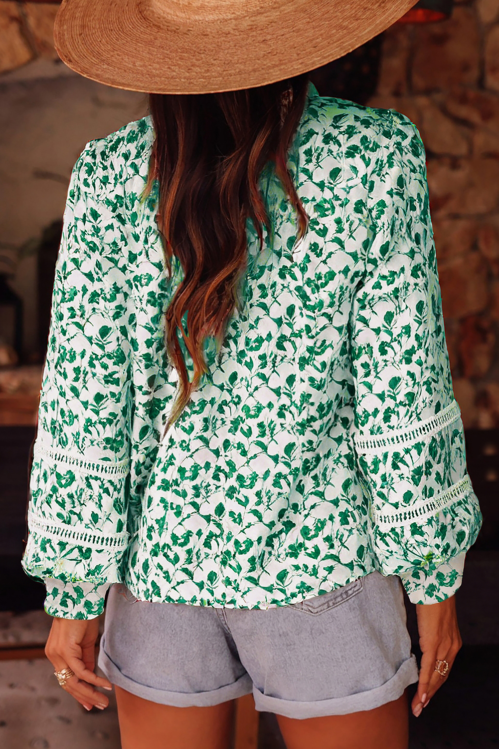 Elegant Long Sleeve V Neck Floral Shirt with Lace Decoration - Green Printed - Detail View 2