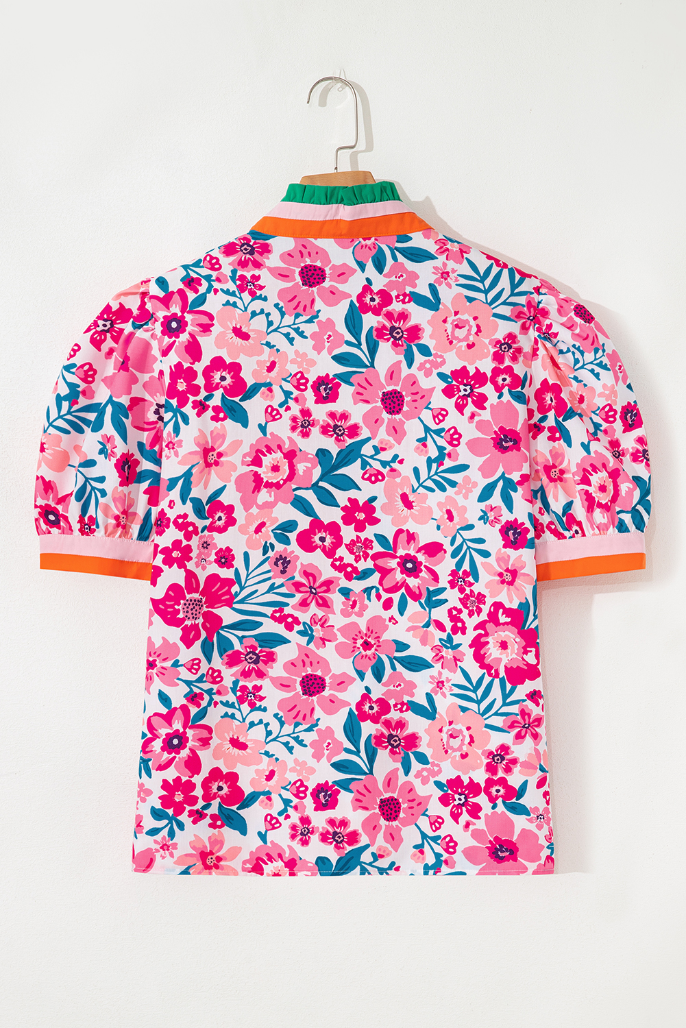 Women's Pink Floral Print Blouse with Contrast Striped Detail - Short Sleeve V Neck Top - Detail View 5