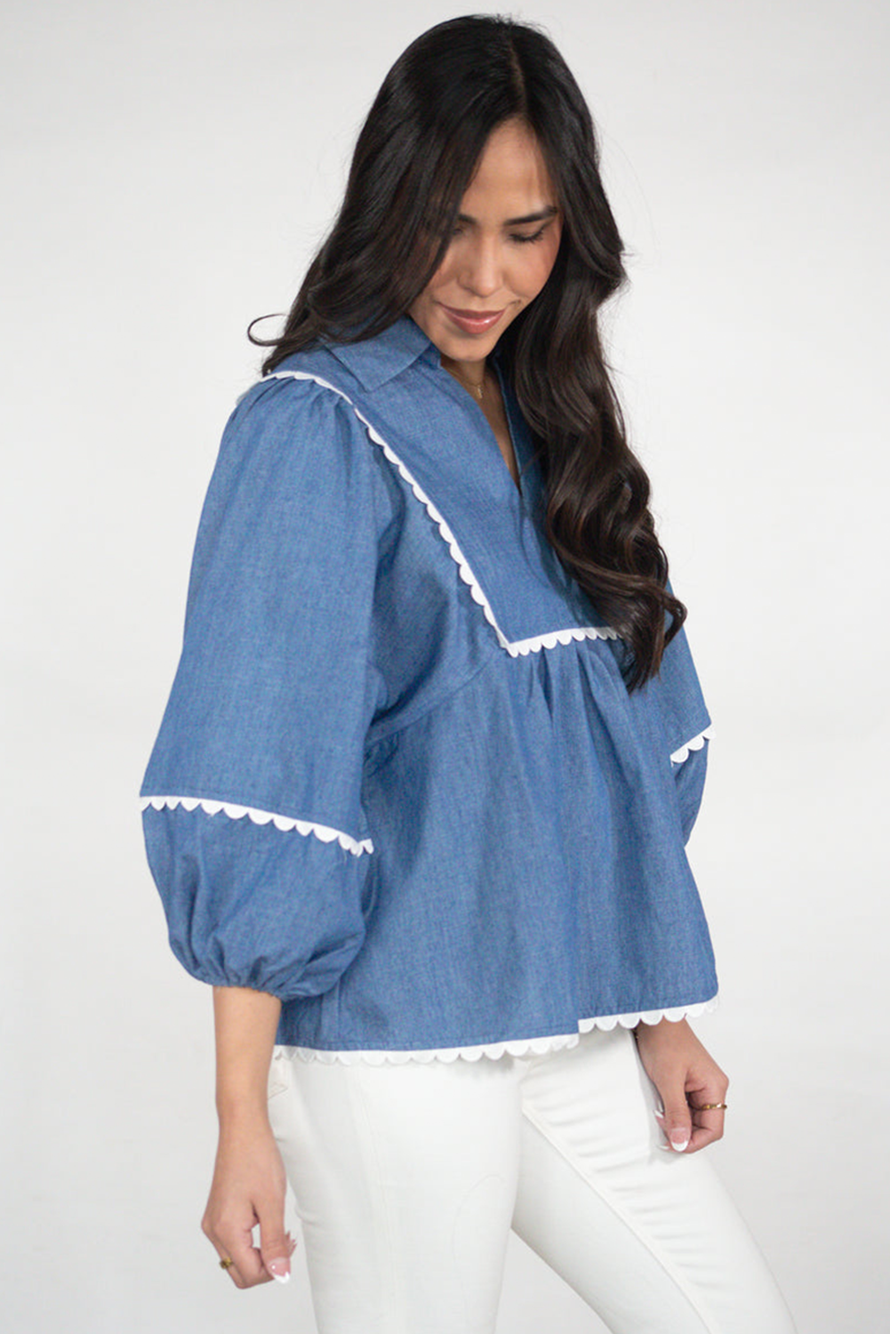 Elegant Three-Quarter Sleeve Collared Babydoll Top - Perfect for Daily Wear - Detail View 7